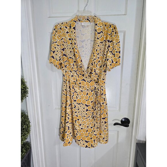 Corey Lynn Calter Womens Yellow Floral Wrap Mini Dress Short Sleeve Size L‎ - Picture 4 of 11